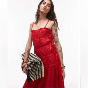 top shop drop waste gathered ribbons and bose spaghetti strap dress
